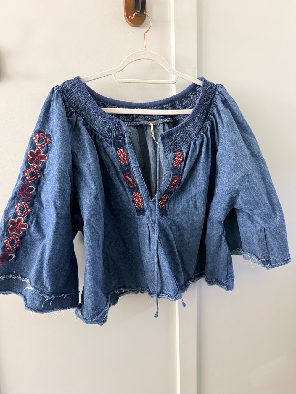 Free People Indigo Embroidered Peasant Blouse - Blue